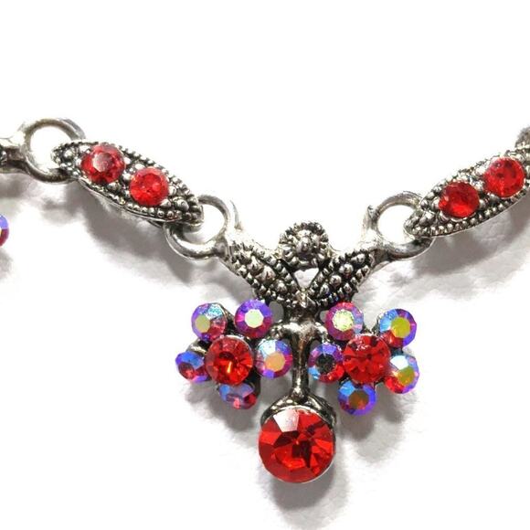 Vintage Cookie Lee Red Rhinestone Necklace, Aurora Borealis Rhinestones, 17 1/2" - Picture 2 of 11